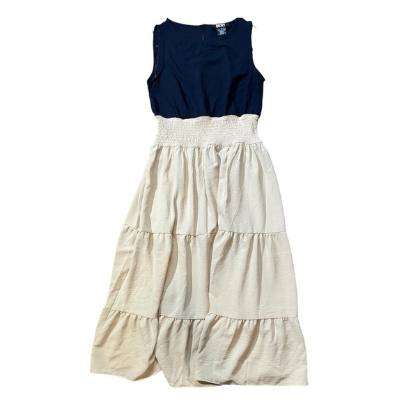 DKNY V-neck Ruffle Hem Midi Dress Womens Size 6 Navy Colorblock Sleeveless - Picture 1 of 6